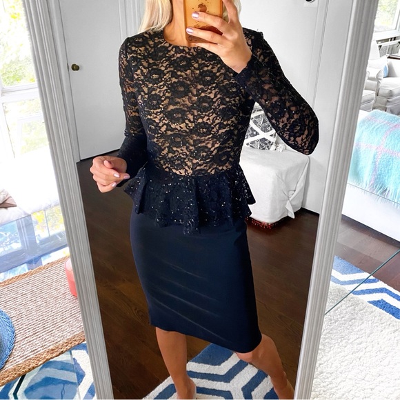 🖤 4F FOUR FLAVOR BLACK LACE SEQUIN PEPLUM BODYCON EVENING DRESS! - Picture 2 of 16